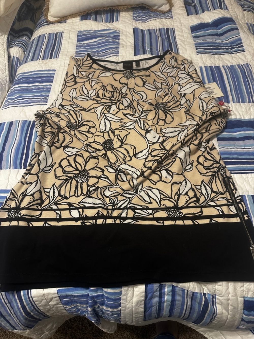 Rafaella Beige Floral Border-Print Tunic with Black Hem